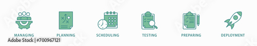Release management banner web icon vector illustration concept with icon of managing, planning, scheduling, building, testing, preparing and deployment