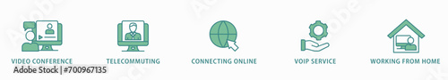 Remote working banner web icon vector illustration concept for working at home with icon of video conference, telecommuting, connecting online, voip, and working from home