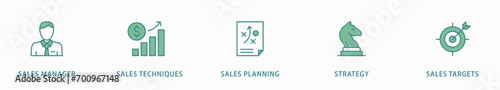 Sales management banner web icon vector illustration concept with icon of manager, sales techniques, planning, strategy, and targets