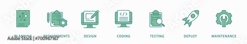 Software development life cycle banner web icon vector illustration concept of sdlc with icon of planning, requirements, design, coding, testing, deploy and maintenance