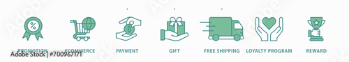 Shopping banner web icon vector illustration concept with icon of promotion, ecommerce, payment, gift, price, free shipping, loyalty, reward