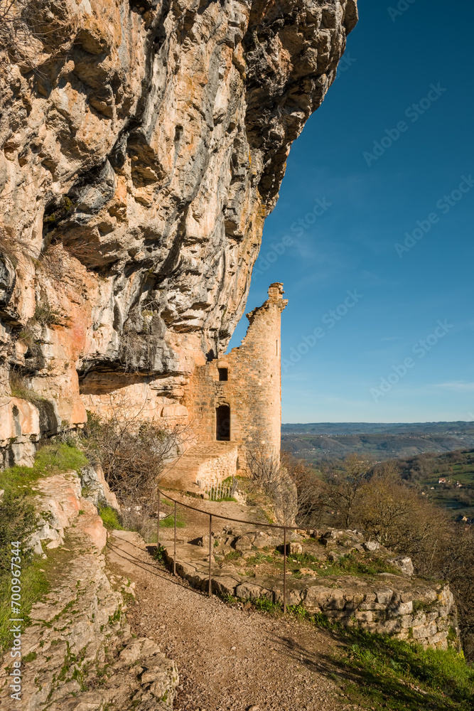 Chateau des Anglais, a 13th century castle built iinto a cliff above the village of Autoire in the Lot region of France