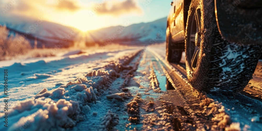 A detailed shot of a tire on a snowy road. Perfect for winter driving safety articles and car maintenance blogs - obrazy, fototapety, plakaty 
