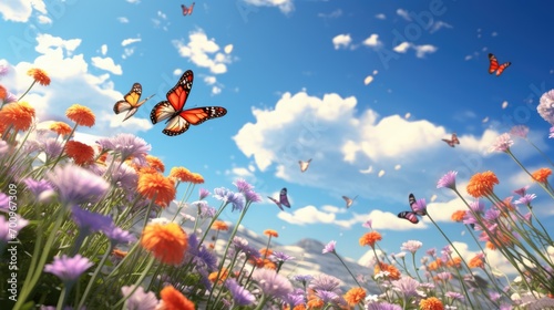 The first butterflies fluttering over a clearing with spring flowers. © brillianata