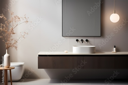 A modern classic minimalist washroom with a floating vanity  a sleek mirror  and a minimalist pendant light  creating a clean and stylish atmosphere.