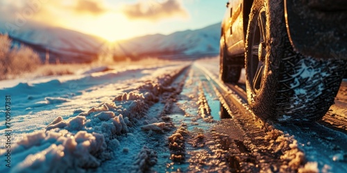 A detailed shot of a tire on a snowy road. Perfect for winter driving safety articles and car maintenance blogs