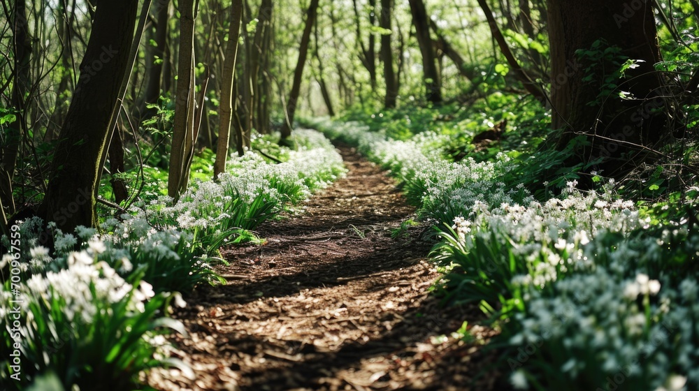 A picturesque path winding through a lush forest filled with beautiful white flowers. Perfect for nature lovers and outdoor enthusiasts A picturesque path winding through a lush forest filled with beautiful white flowers. Perfect for nature lovers and outdoor enthusiasts