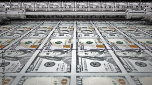 Money printing machine printing 100 dollar banknotes. 3D illustration photo
