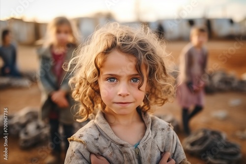 Portrait of a little girl in the desert with her friends on the background