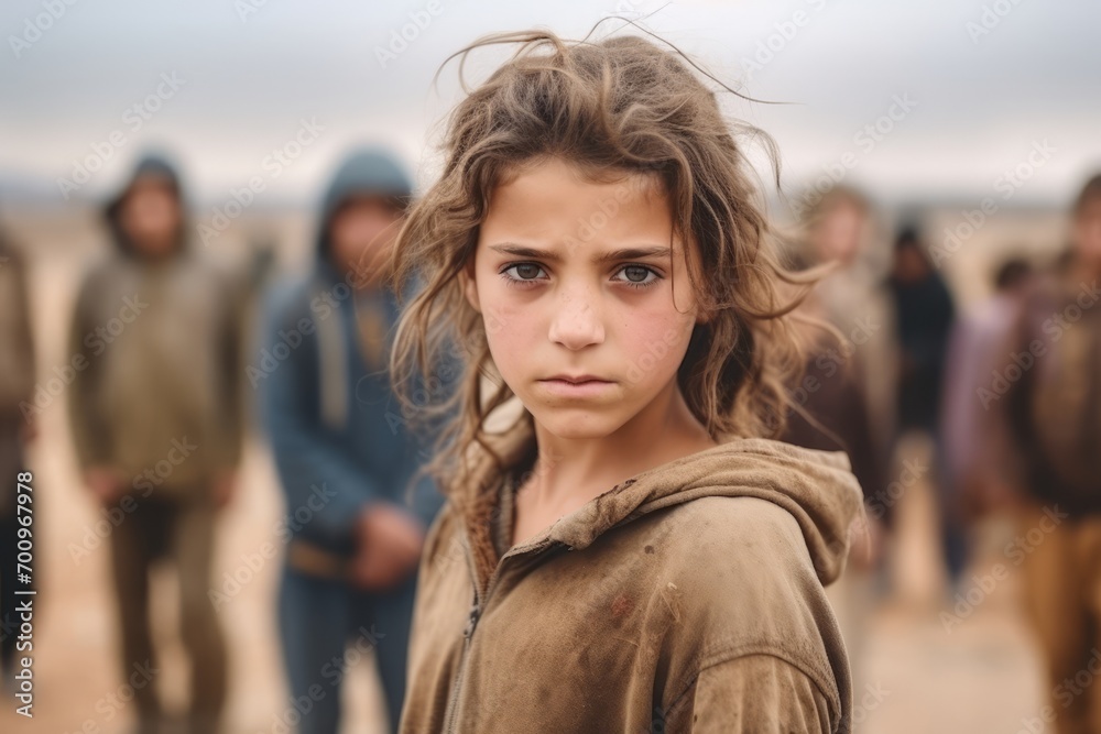 Portrait of a young girl in the desert with other people in the background