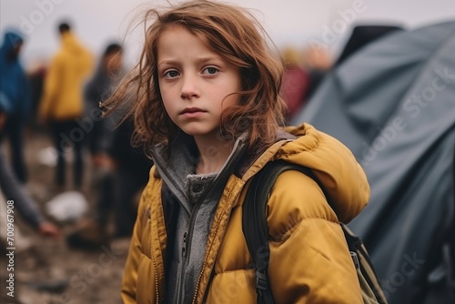 Portrait of a cute little girl in a yellow jacket with a backpack
