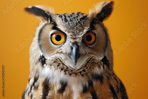 A detailed close-up of an owl with captivating orange eyes. Perfect for nature enthusiasts and wildlife lovers