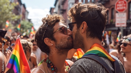 LGBT pride. Happy male couple at the LGBT parade. Freedom of love and diversity