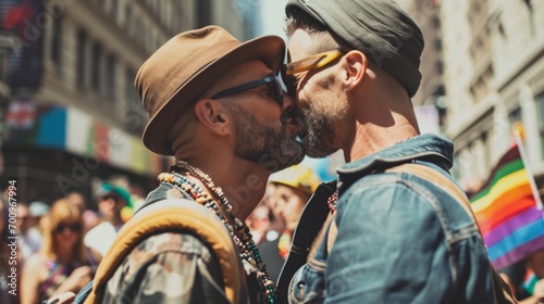 LGBT pride. Happy male couple at the LGBT parade. Freedom of love and diversity photo