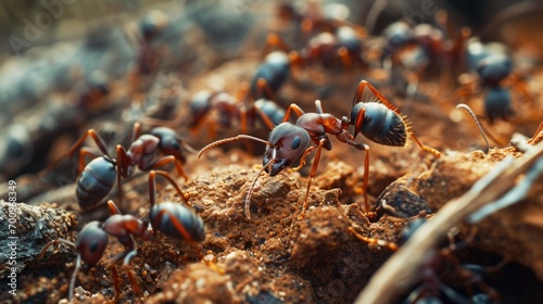 A group of ants walking on top of a pile of dirt. Suitable for illustrating teamwork, organization, or nature themes