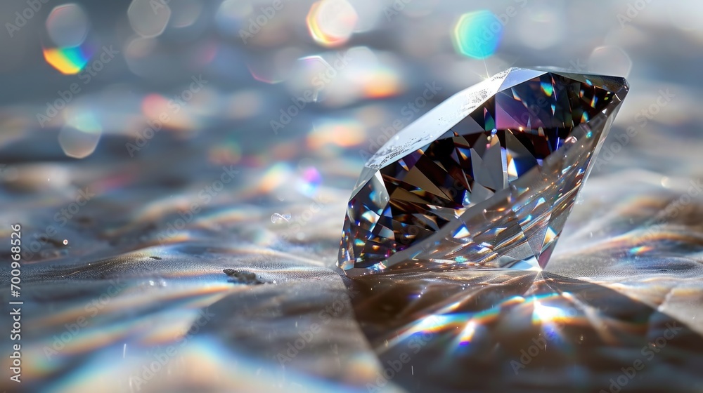 A diamond sitting on top of a shiny surface. Suitable for jewelry advertisements or luxury product promotions A diamond sitting on top of a shiny surface. Suitable for jewelry advertisements or luxury product promotions