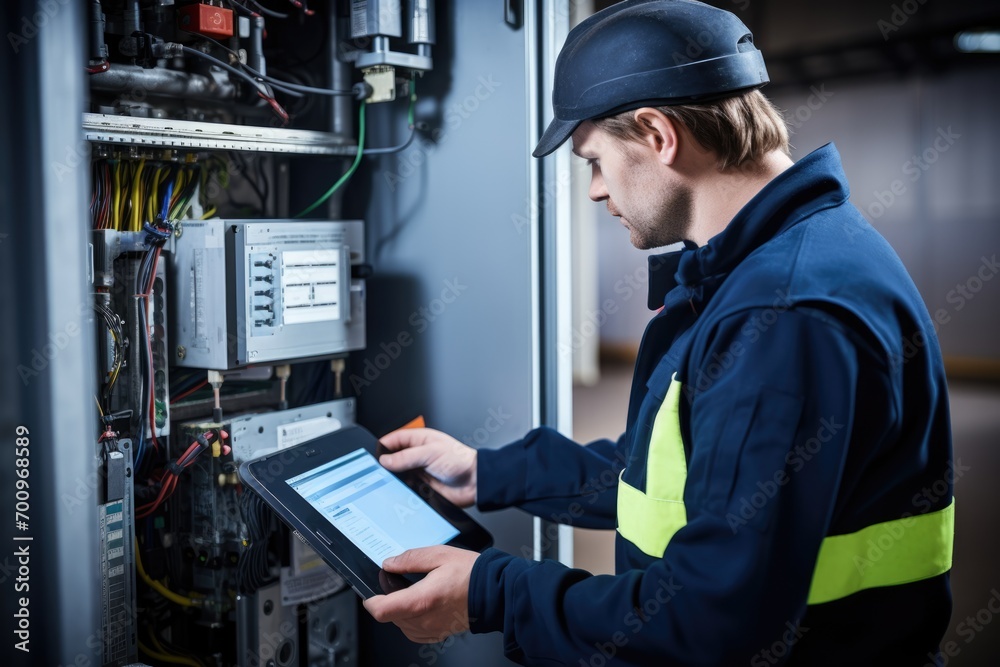 engineering man with tablet for repair, maintenance and technical inspection. Industrial, electrician and male worker in digital technology engineering man with tablet for repair, maintenance and technical inspection. Industrial, electrician and male worker in digital technology