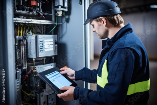 engineering man with tablet for repair, maintenance and technical inspection. Industrial, electrician and male worker in digital technology photo