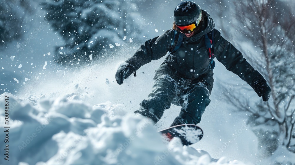 A man is riding a snowboard down a snow-covered slope. This image can be used to depict winter sports and outdoor activities