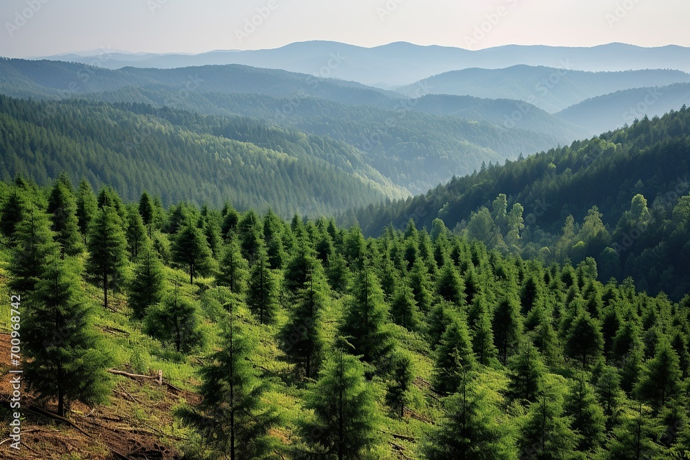 Embracing the serene expanse, verdant pine trees carpet rolling hills under a hazy, tranquil sky Embracing the serene expanse, verdant pine trees carpet rolling hills under a hazy, tranquil sky