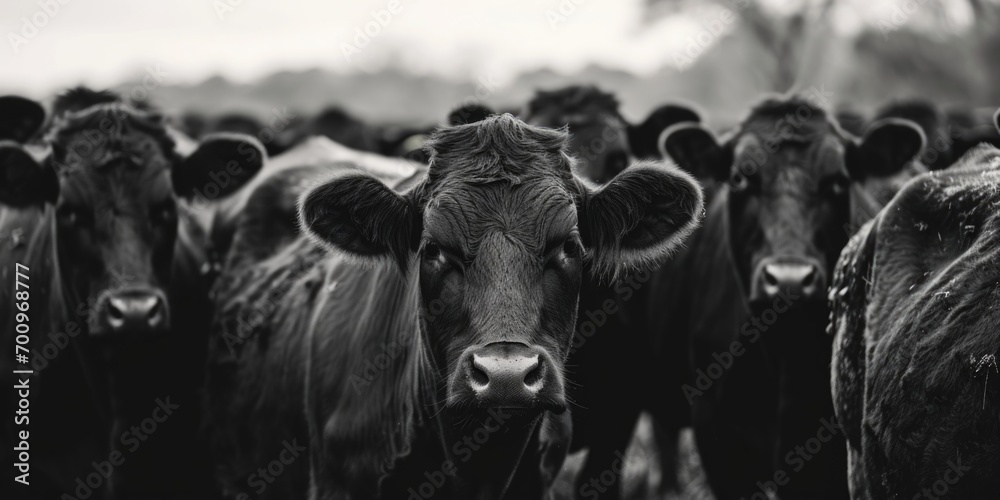 Naklejka premium A group of cows standing in close proximity to each other. This image can be used to depict unity, teamwork, or a peaceful countryside scene