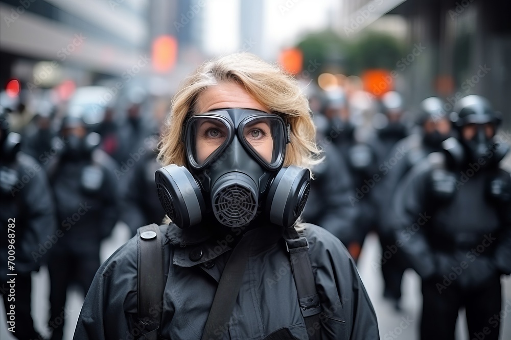 Woman wearing gas mask and looking at camera in the middle of a crowd