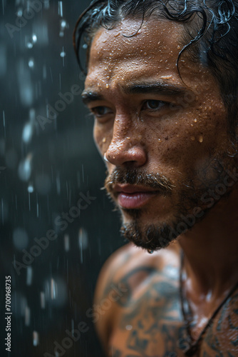 Raindrop Radiance: Wet Portrait of Young, Attractive, Muscular Man