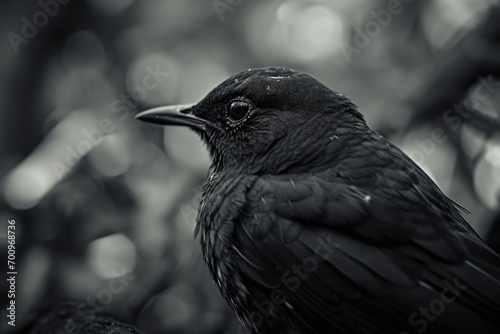 A black bird perched on a tree branch. Can be used to depict nature, wildlife, or solitude
