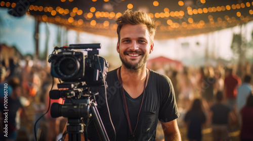 Videographer working at music festival, filming bright performances of artists