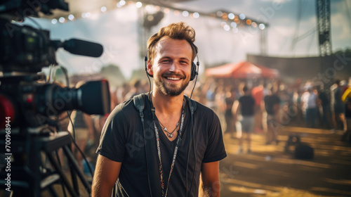 Videographer working at music festival, filming bright performances of artists photo