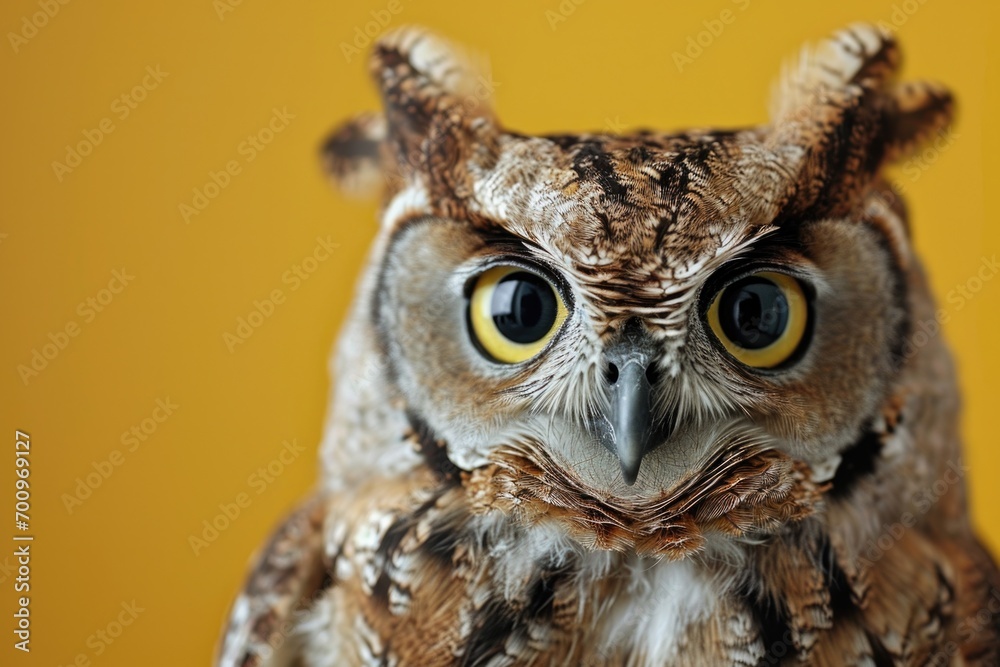 A close-up photograph of an owl showing its large yellow eyes. This image can be used to depict wildlife, nature, or animals A close-up photograph of an owl showing its large yellow eyes. This image can be used to depict wildlife, nature, or animals