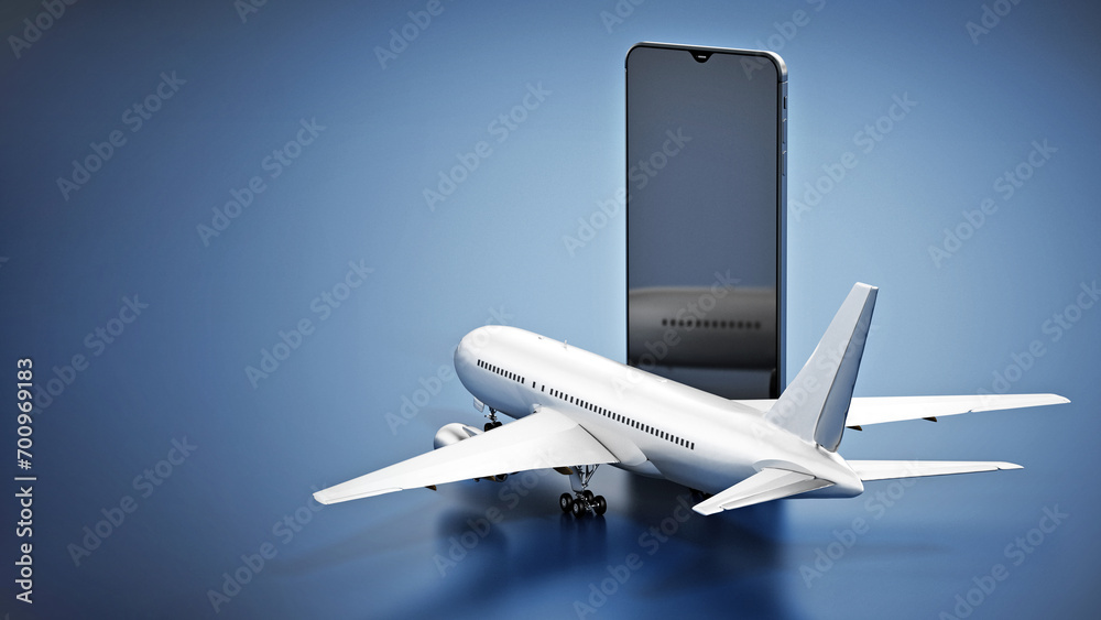 Airplane standing near smartphone screen. 3D illustration