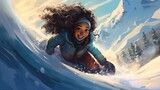 Girl's exhilarating sled ride in winter wonderland