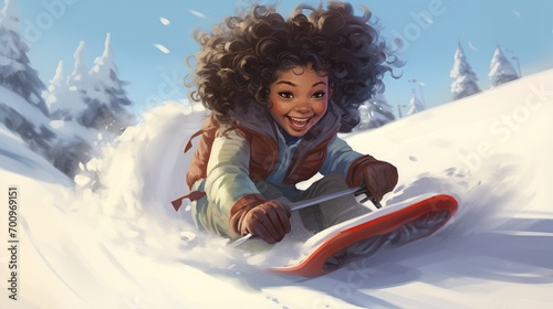 Joyful child sledding in snowy landscape photo
