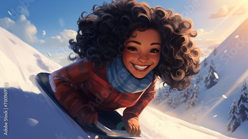 Spirited girl sledging on a bright winter day