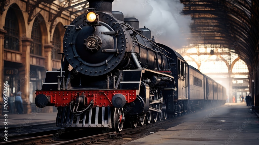 An old steam locomotive at the station, ready to depart - obrazy, fototapety, plakaty 