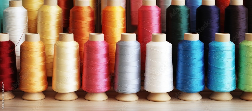 A vibrant background of multicolored sewing thread spools, featuring a delightful array of sewing threads and colored yarns. A vibrant background of multicolored sewing thread spools, featuring a delightful array of sewing threads and colored yarns.