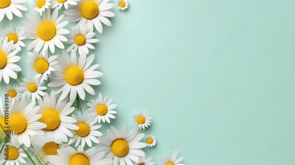 Mint background with chamomile frame and copy space. Flat layer, top view. Mint background with chamomile frame and copy space. Flat layer, top view.