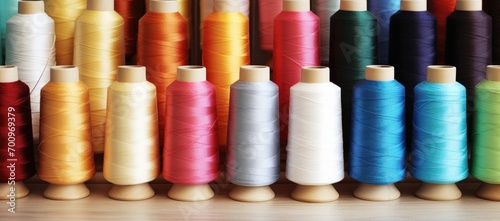 A vibrant background of multicolored sewing thread spools, featuring a delightful array of sewing threads and colored yarns.