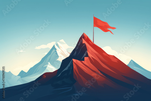 Flat design illustration of red flag on top mountain. Success and achievement background