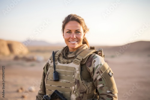 Portrait of smiling female soldier standing in desert and looking at camera