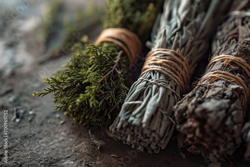 A collection of sage sticks and a bundle of pine needles. Perfect for aromatherapy, home decor, and spiritual practices