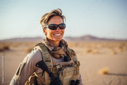 Portrait of a female soldier in the middle of the desert.