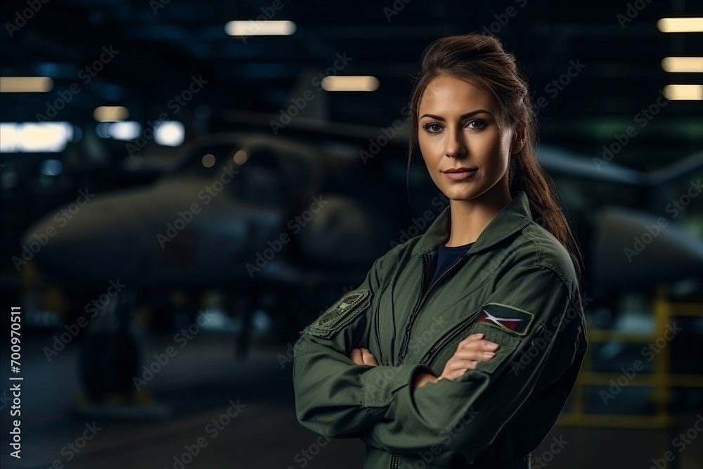 Portrait of a beautiful female pilot standing in front of an airplane