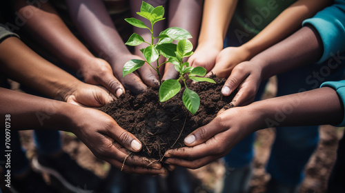 Growing a greener business. Shot of a group of hands holding a plant growing out of soil photo