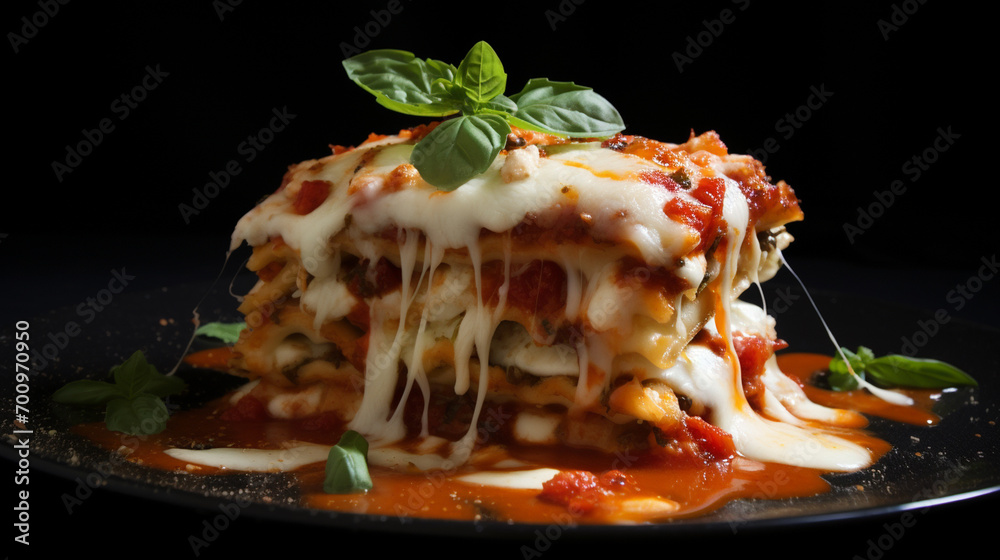 A fragrant plate of lasagna and vegetables, dripping with melted cheese and a fragrant tomato sauce A fragrant plate of lasagna and vegetables, dripping with melted cheese and a fragrant tomato sauce