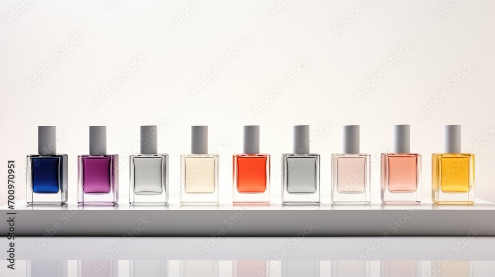 Small glass bottles with various colors of perfume. On clean white background. Small glass bottles with various colors of perfume. On clean white background.
