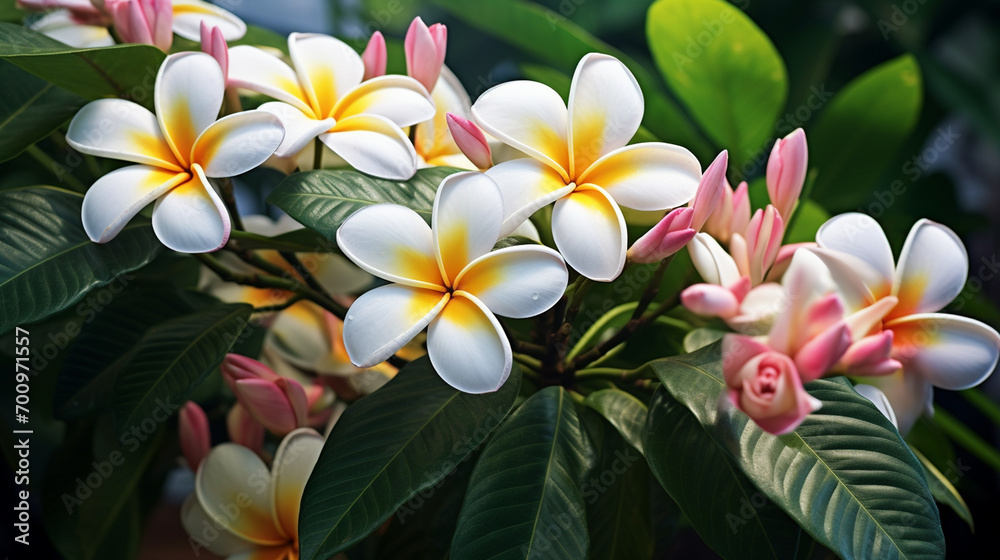 Obraz premium Plumeria. Shrubs with beautiful thick plumeria flowers