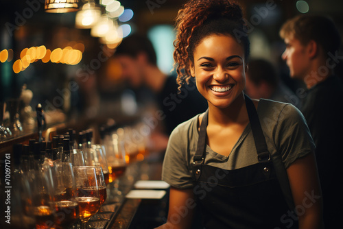 African-American woman is in a bar, she is smiling, she has cocktails to drink together with her. photo