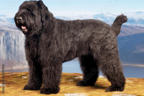 Group purebred beautiful dog breed Bouvier de Flandres, background nature. photo